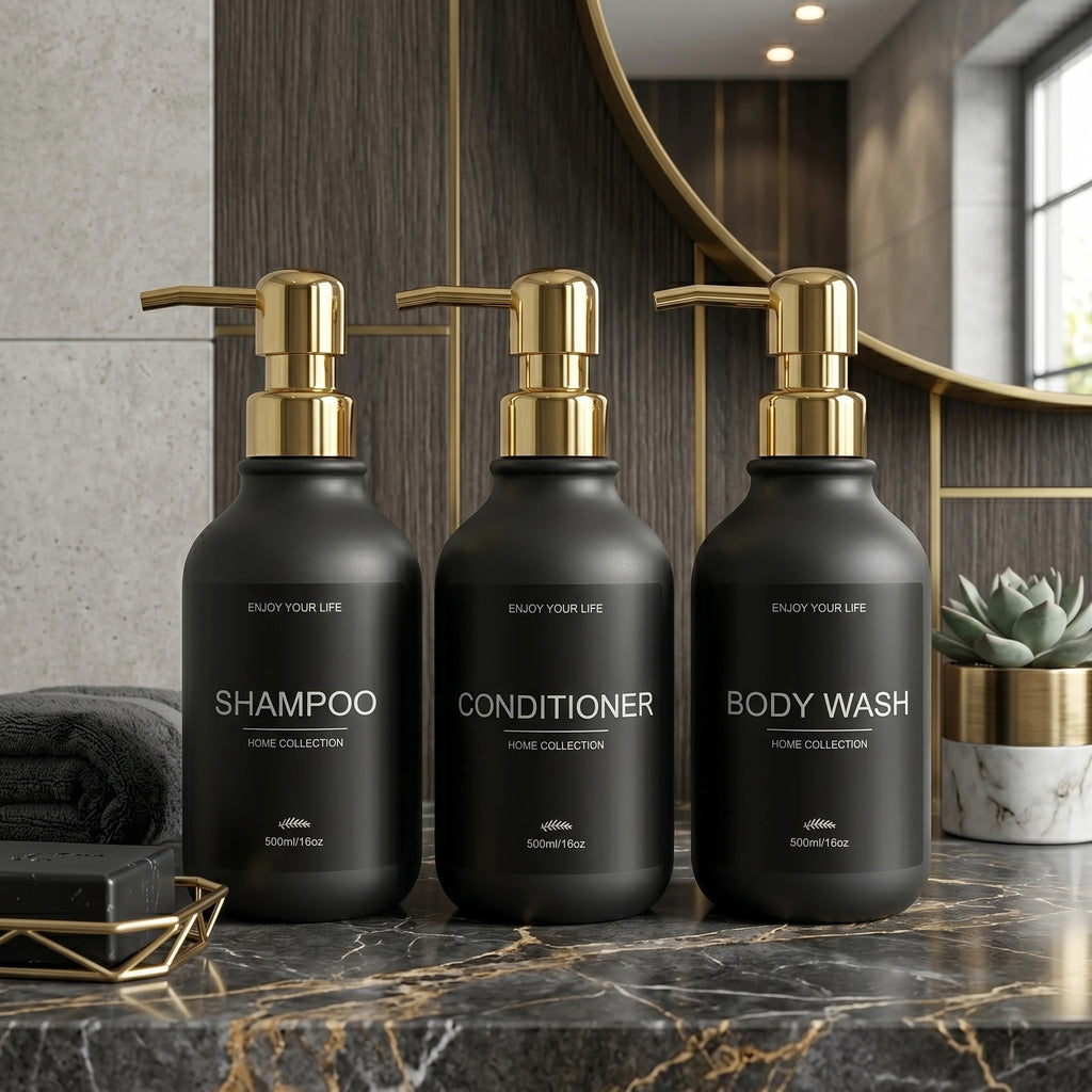 Matte Black Shower Dispenser Bottles Plastic Shampoo Conditioner Body Wash Pump Bottles with Gold for Bathroom Vanity Shower Qme