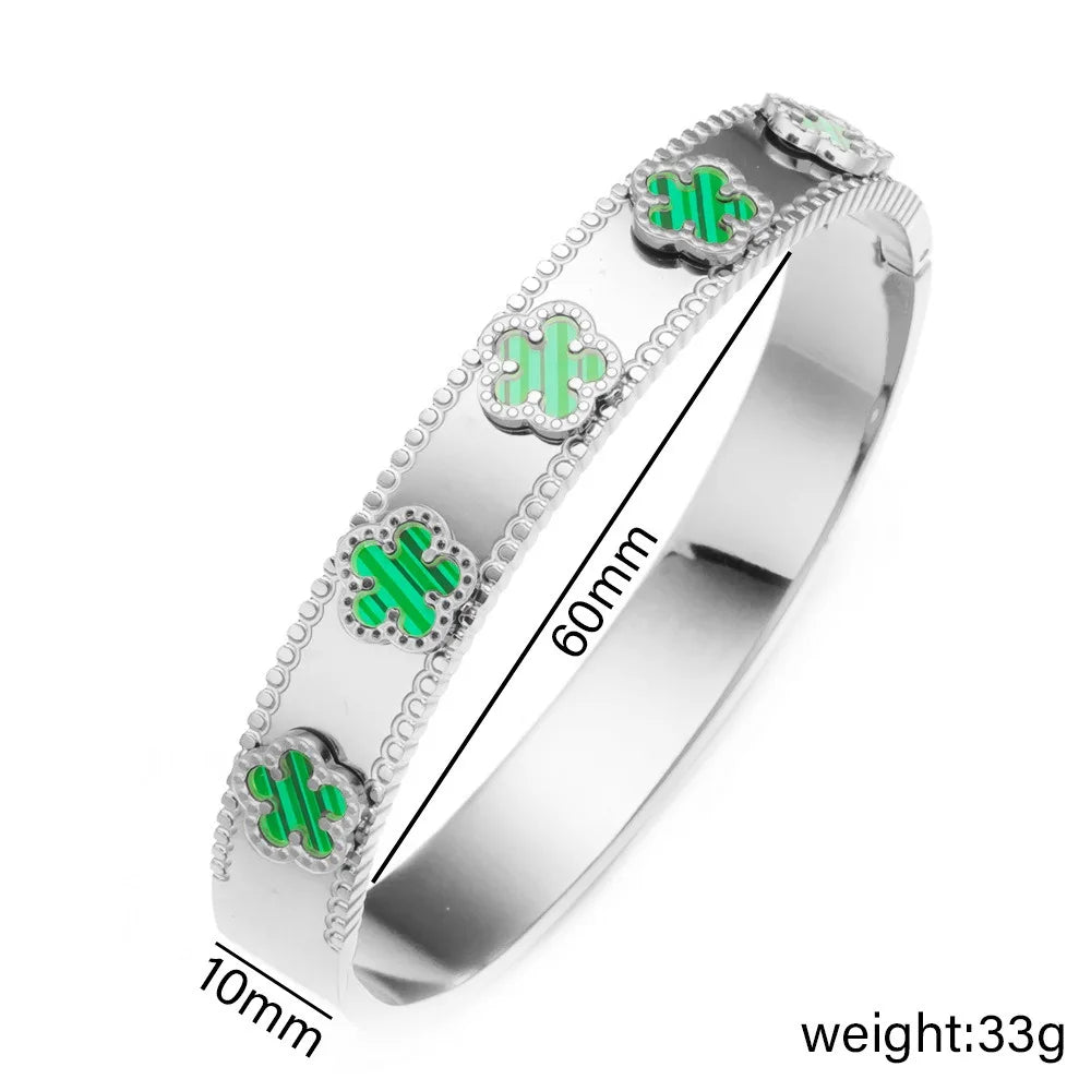 Unisex Gold/Silver Classic Stainless Steel Laser Five-Leaf Flower Open Bracelet & Bangles Simple For Woman Party Jewelry Clover Qme Silver 4