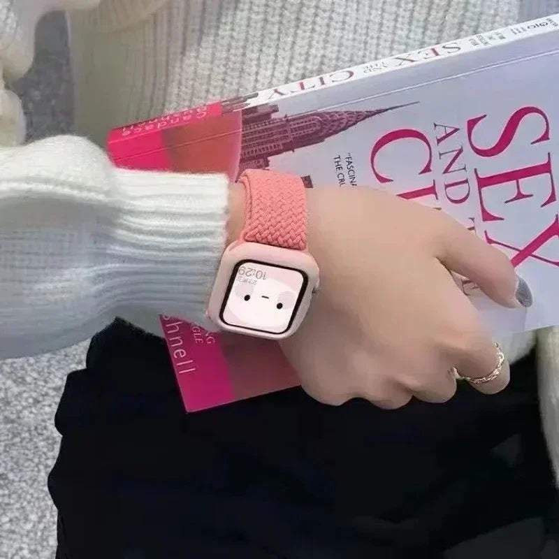 Korean Cute Braied Strap + Case For Apple Watch Band 49mm 46mm 45 44 38 42 Nylon Bracelet For iWatch Series 10 9 8 7 6 5 4 3 SE Qme