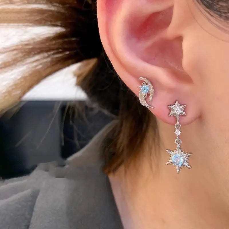 Y2K Silver Wing Heart Cartilage Earrings Star Cross Snowflake Dangle Stud Earrings For Women Punk Party Jewelry Qme