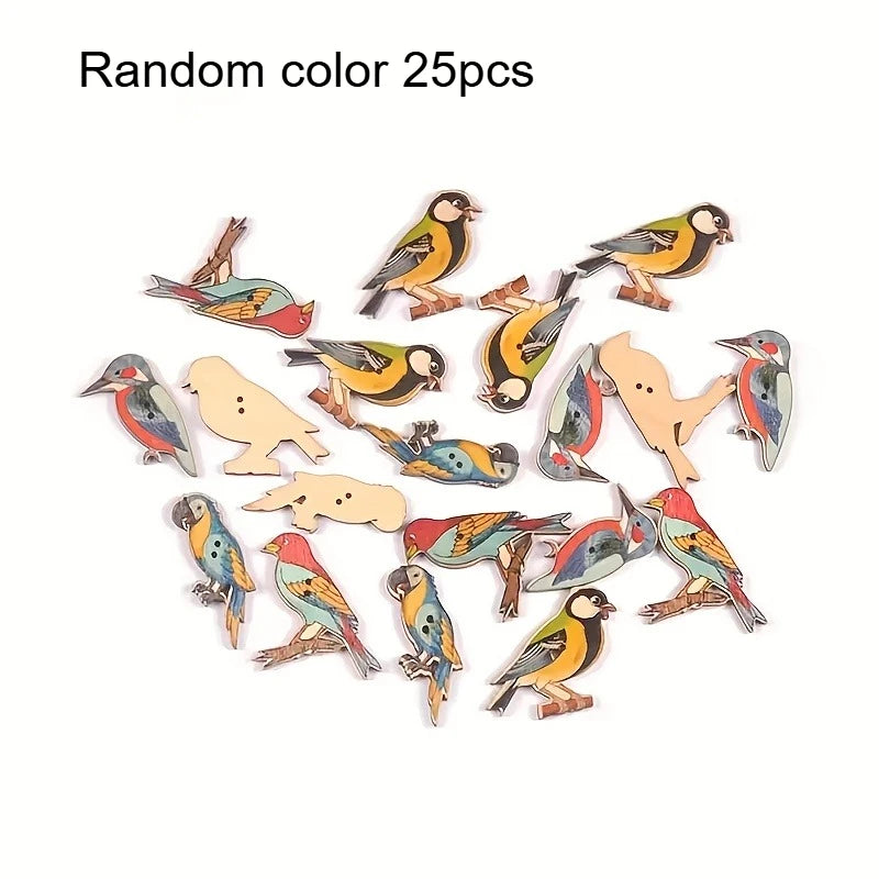 Vintage Bird-Shaped Wooden Buttons, Printed Wood Decorative Buttons For DIY Crafts Qme Random color 25pcs