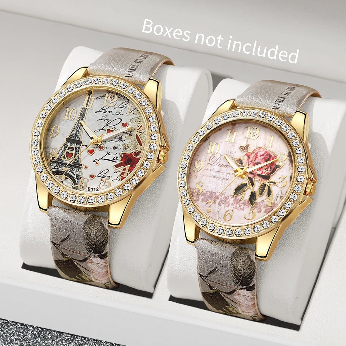 Sweet Dating Floral Print Leather Watch Set, 4-in-1 Marble Stone Charm Bracelets & Crystal Wristwatch Gift for Girls Qme 2PCS Without Box
