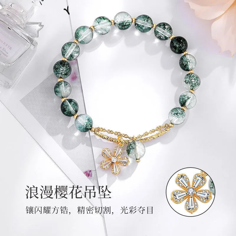 b74 Cherry Blossom Green Ghost Bracelet Advanced Design Lucky Crystal Green Ghost Elastic Bracelet Women's Jewelry Hand Gift Qme green 17cm