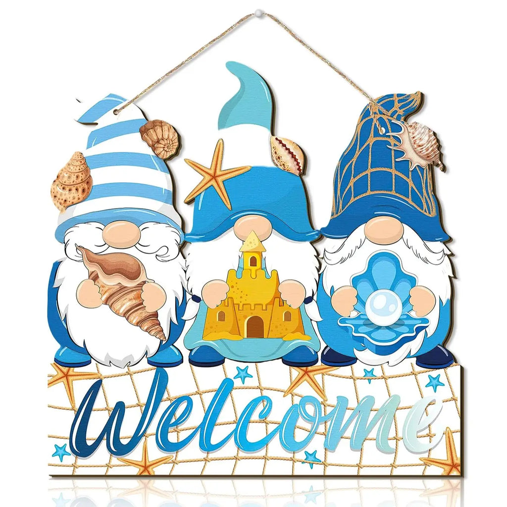 Summer Welcome Sign Wooden Beach Gnomes Hanging Sign Hawaii Door Sign With Ropes Hanging Decoration Qme