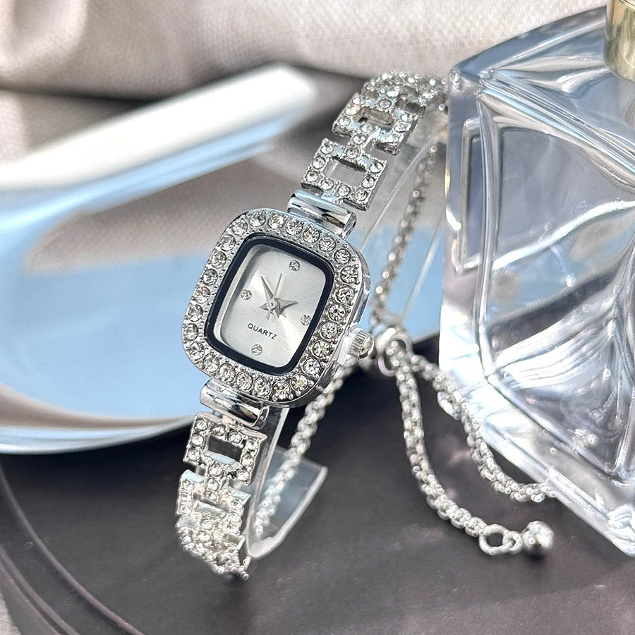 Cross-border new small square bracelet pull women's watch free adjustment square chain diamond set small ladies quartz watch Qme Silver