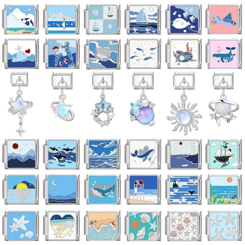 Original Colored Glaze Star Sun Starfish Ocean Italian Charm Stainless Steel Link Fit 9mm Modular Bracelet DIY Jewelry Wholesale Qme