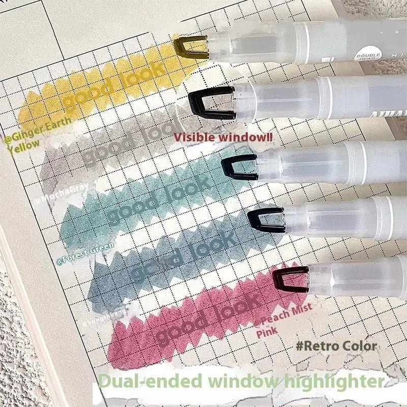 5Colors Highlighter Pen Double Headed Unique Window Tip Highlighters Qme