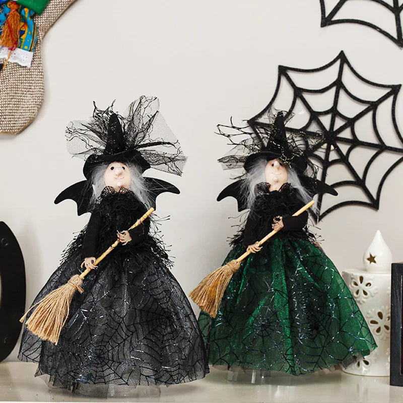 Halloween Broom Witch Doll Haunted House Doll Ornaments Black Spider Web Dress Witch Halloween Ghost Festival Decorate Props Qme