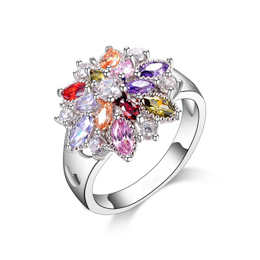 Ring Fashion 925 Sterling Silver Color Jewelry Colourful Cubic Zirconia Flower Design Cute Style Women Girls Party Engagement Qme 9
