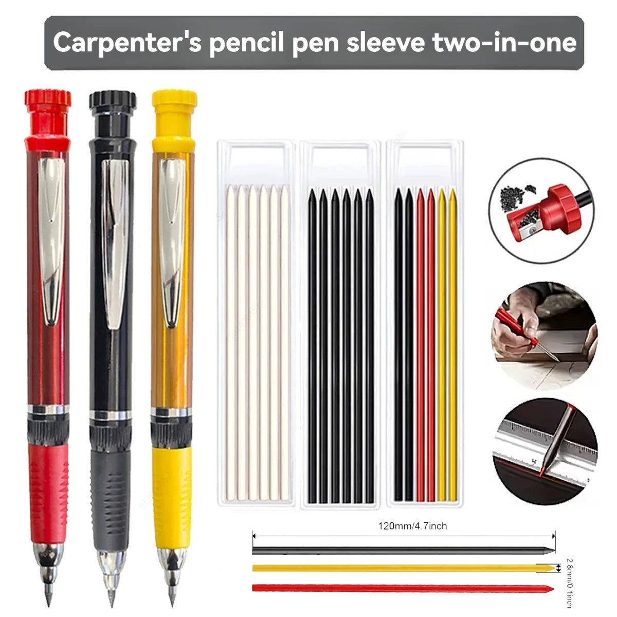 Solid Carpenter Mechanical Pencil With Built-in Sharpener 2.8mm Refillable,Deep Hole Marker for Woodworking Construction Tool Qme