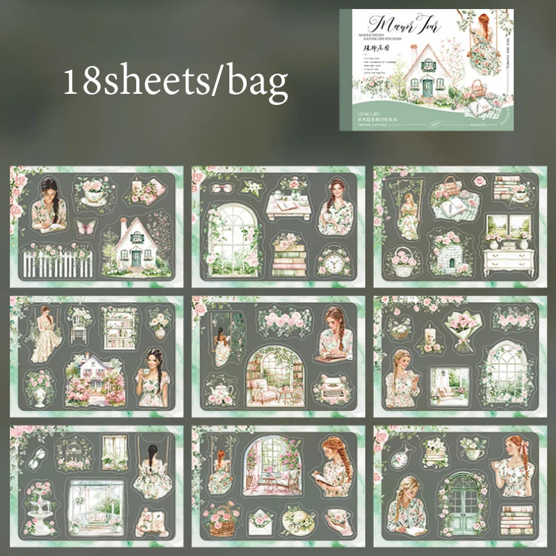 18 Sheets/Bag Manor Scenery Die-Cut Stickers Book for Scrapbook Journal DIY Planner Phone Case Notebook Decoration Craft Gift Qme 1