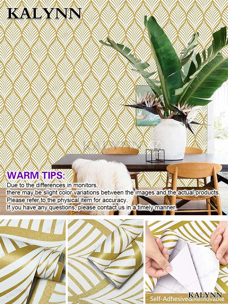 Peel Stick Wallpaper Abstract Self Adhesive Contact Paper Wooden Qme Gold leaves 9.8FTx17in(3mx45cm)
