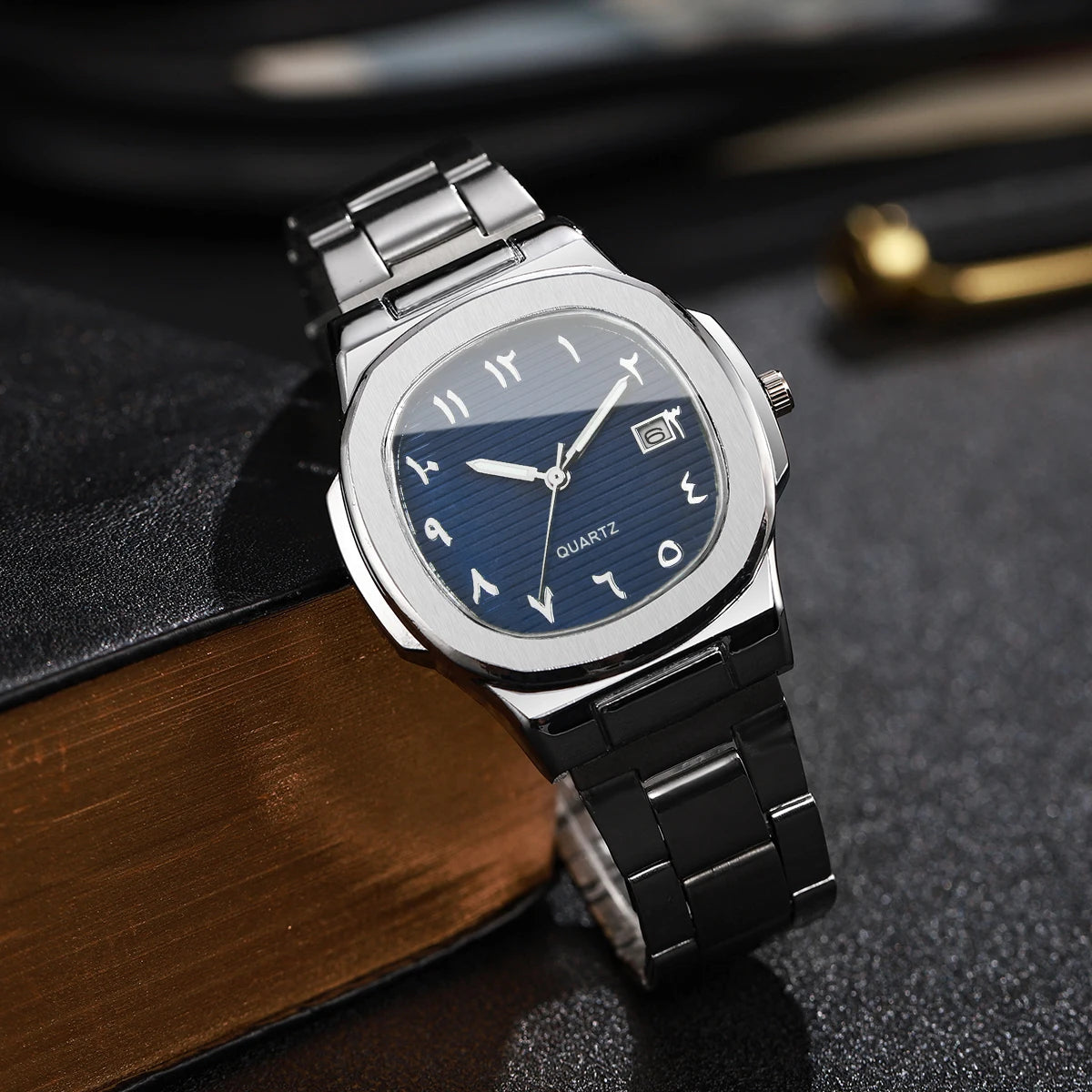 Hot Sale 2Pcs Silver Men's Watch Set, Blue & Green Dial Arabic Numeral Watches, Casual Style Qme