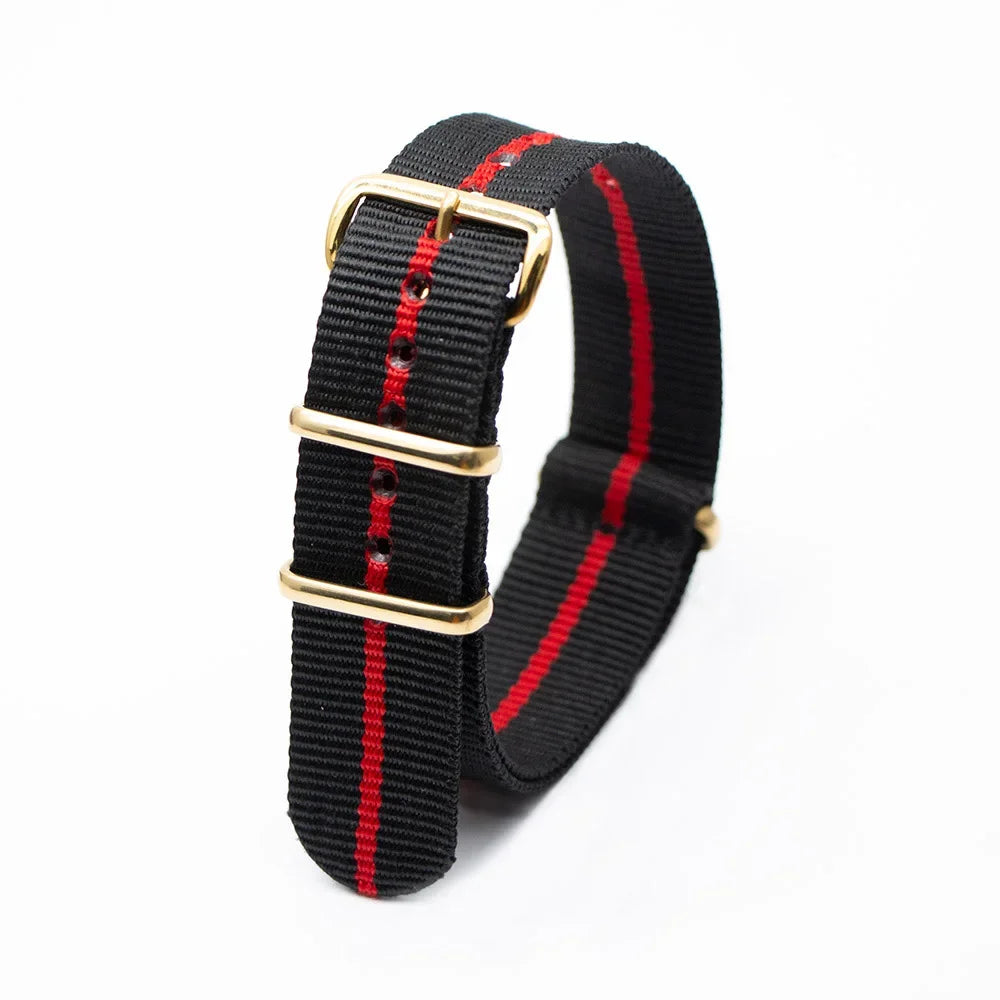High Quality Luxury Striped Nylon Smart Watch Strap 18MM 20MM 22MM Gold Square Buckle Wear-resistant Woven Strap Qme 2Black1Red 24mm