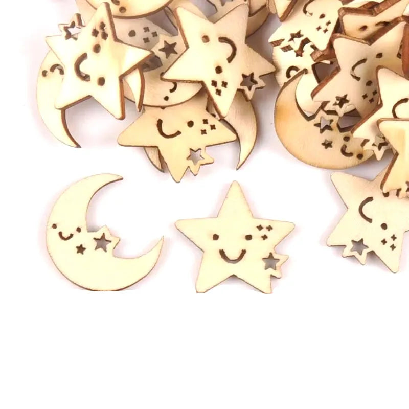 24-27mm 25Pcs Wooden Ornament Moon And Star Pattern For DIY Crafts Scrapbook Accessories Handmade Wood Slices Home Decor M1704 Qme
