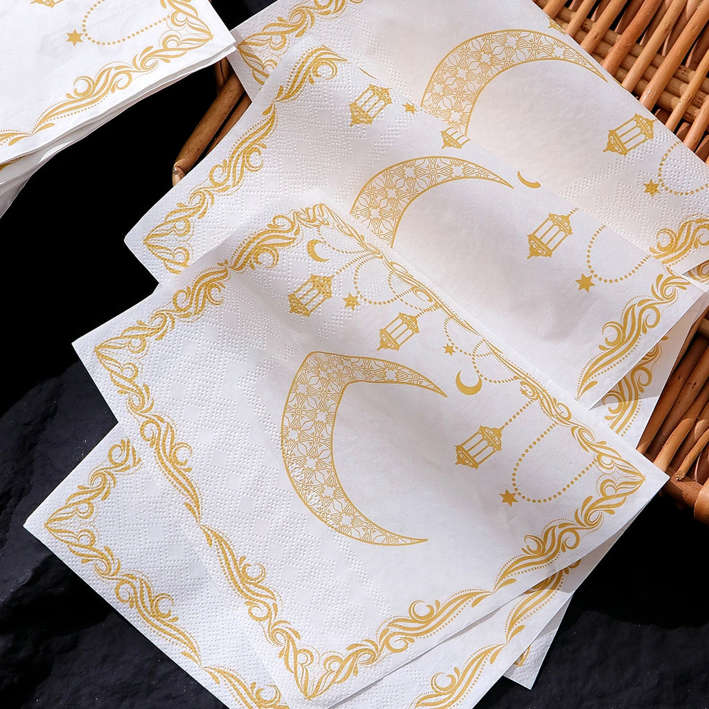 20 Elegant Disposable Ramadan Party Napkins Featuring a Yellow Moon Lantern Design, Perfect for Eid Celebrations, Home, Kitchen Qme