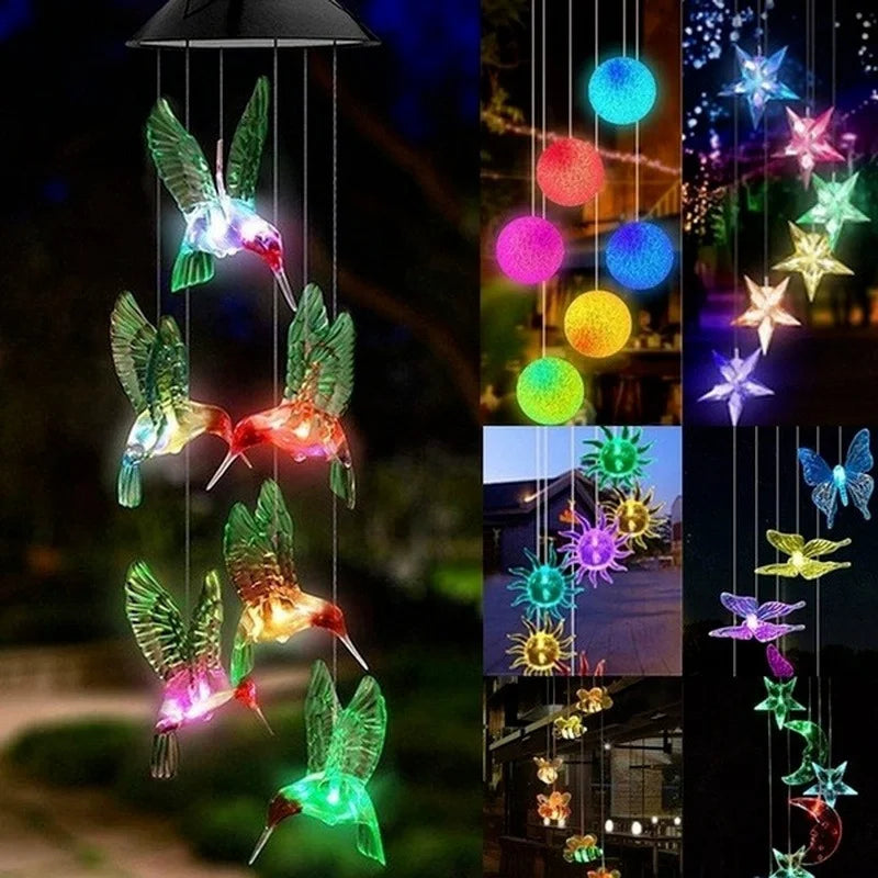 LED Solar Wind Chime Crystal Ball Hummingbird Light Changing Qme