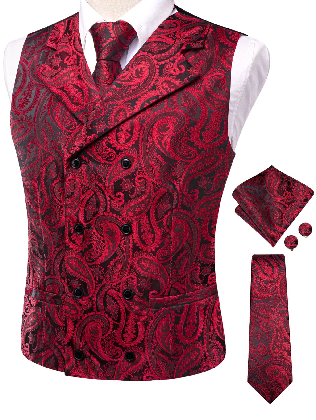 Men's Golden Paisley Vest Tie Hanky Cufflinks Luxury Tops Weddings Qme HT-MJ-0181 M