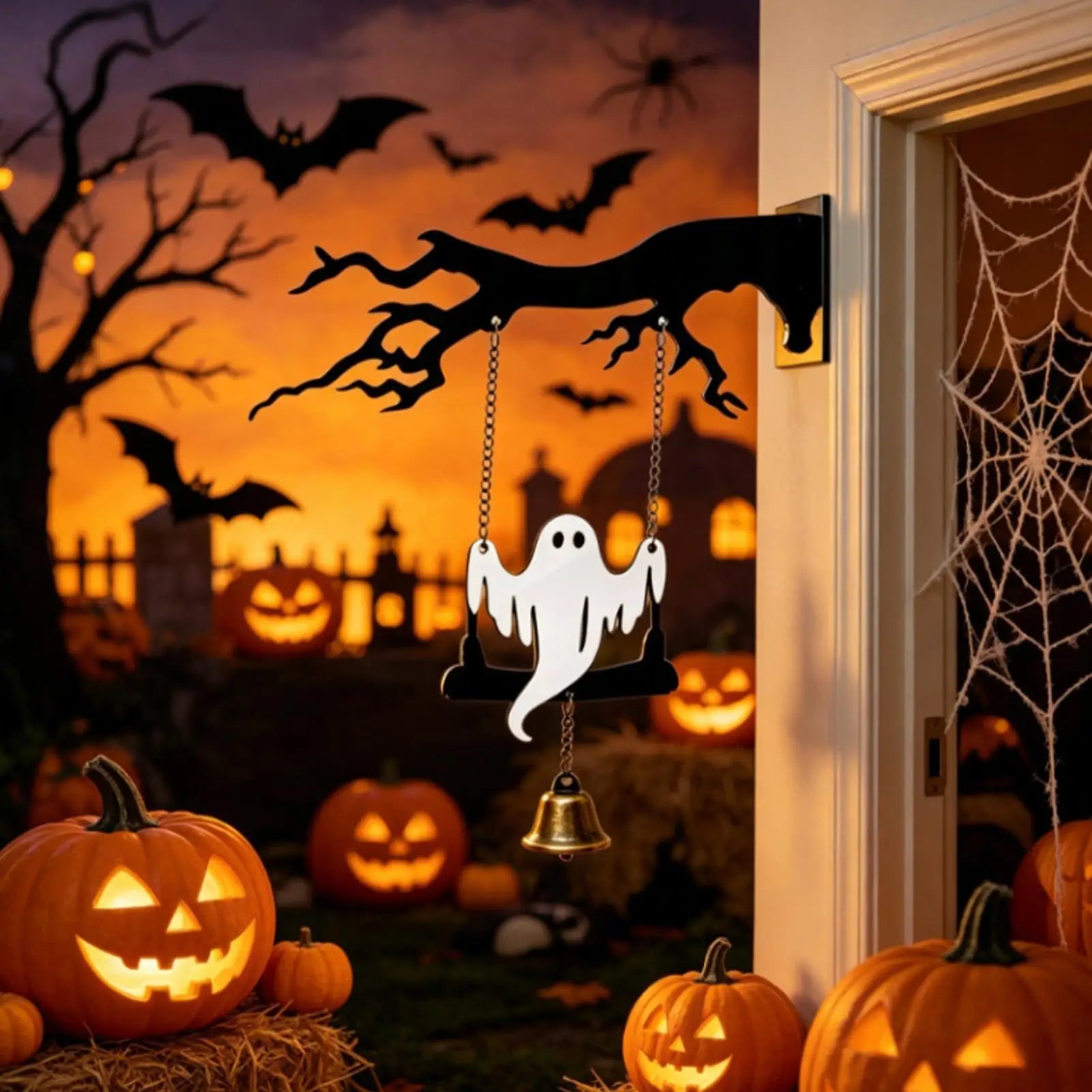Halloween Wind Chime Outdoor Wooden Swing Wall Ornament Haunted House Qme