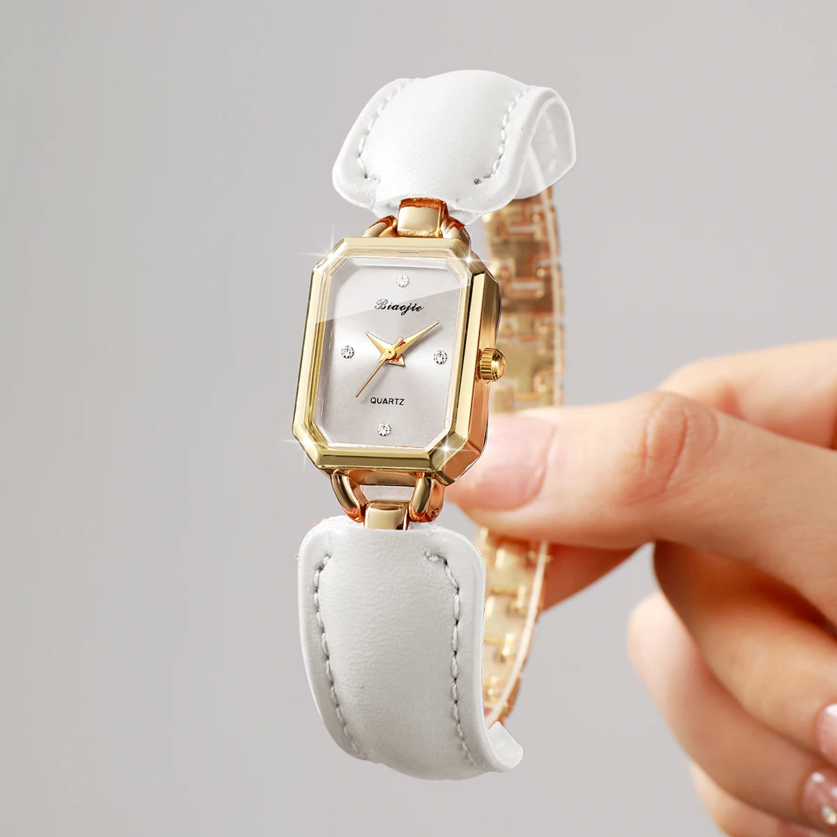 Ladies Slim Rectangle Dial Quartz Watch Rhinestone Mark White Leather Band Casual Daily Women Wrist Watch Gift Qme