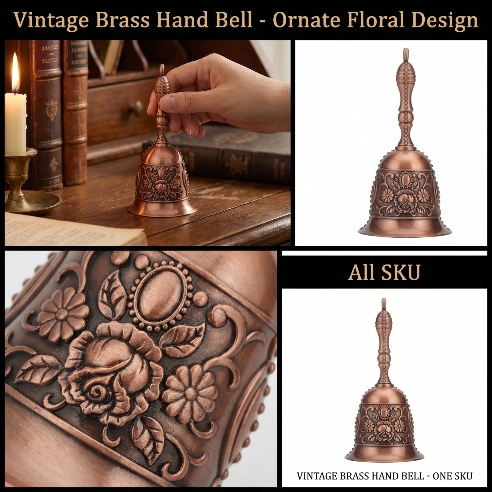 Brass Handicraft Large Engraved Hand Bell Loud and Clear Sound for Meditation Church Bronze Bell Creative Dining Service Bell Qme Wine One Size