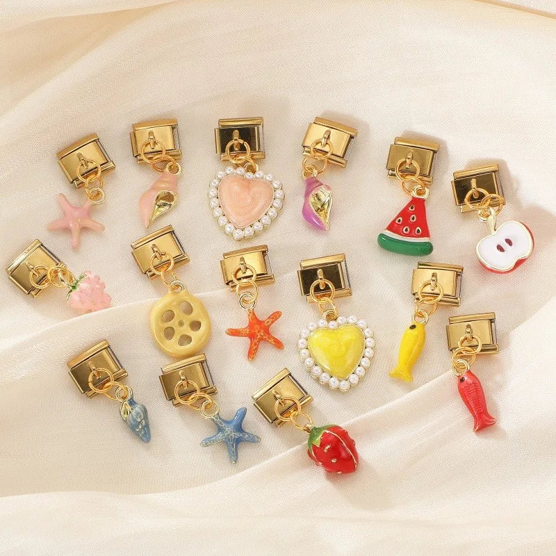 New Lotus Root Slices Stars Apple Gold Color Pendant Italian Charm Links Fit 9mm Stainless Steel Bracelet Women DIY Making Gifts Qme