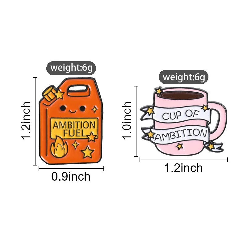 Motivational Enamel Pins Ambition Fuel Jerry Can Cup of Ambition Coffee Cup Lapel Brooches Positive Quote Badges for Daily Decor Qme