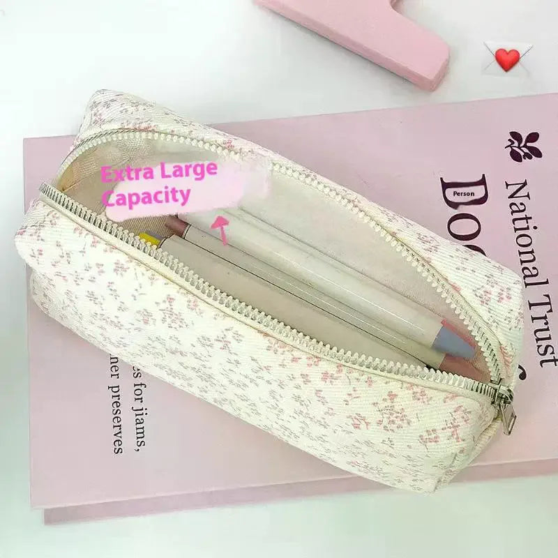 Large Capacity Pencil Pouch Pink Small Floral Case Handheld Pen Bag Qme