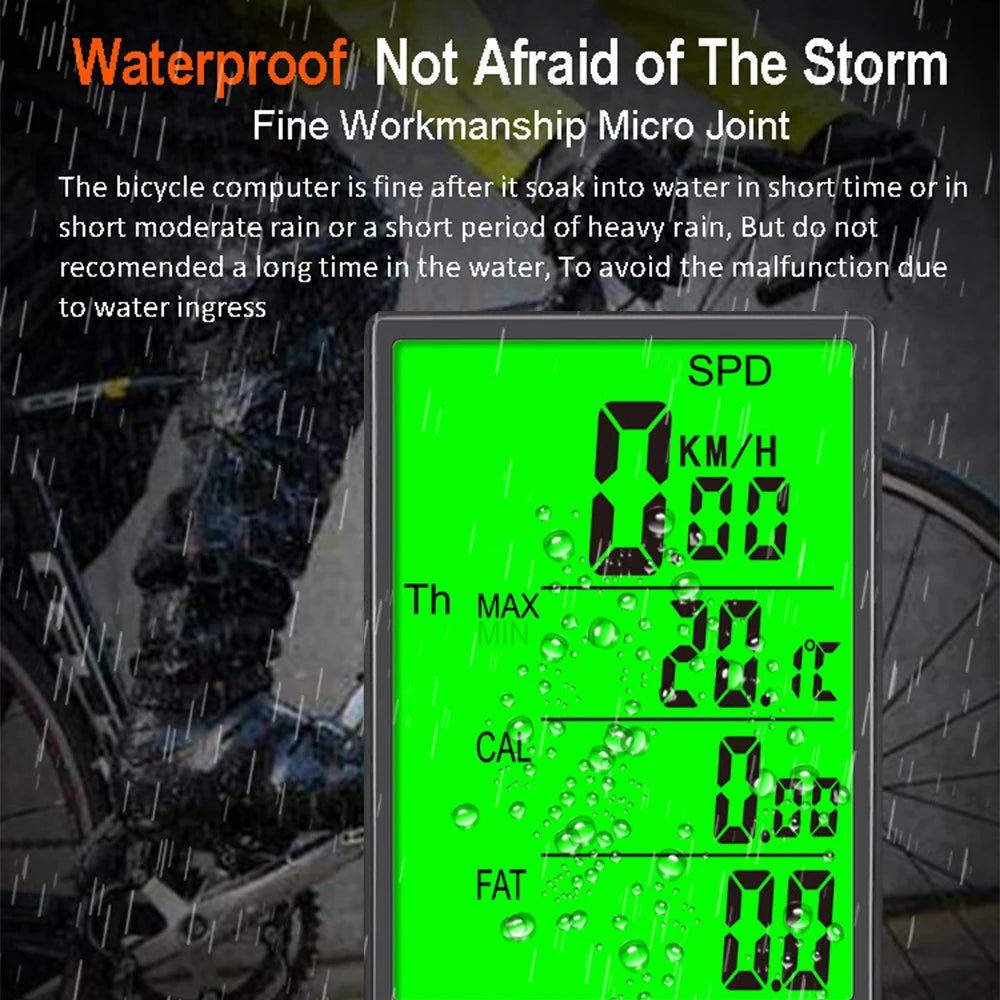Bicycle Computer Wireless Bike Computer 3-inch Large LCD Screen Waterproof Speedometer with Green LCD Backlight Qme