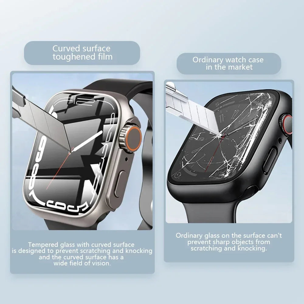 PC Case for Apple Watch Series 9 8 7 4 5 6 SE 45 44 Screen Protector Hard Shell Tempered Glass Change To Ultra 49mm cover Bumper Qme