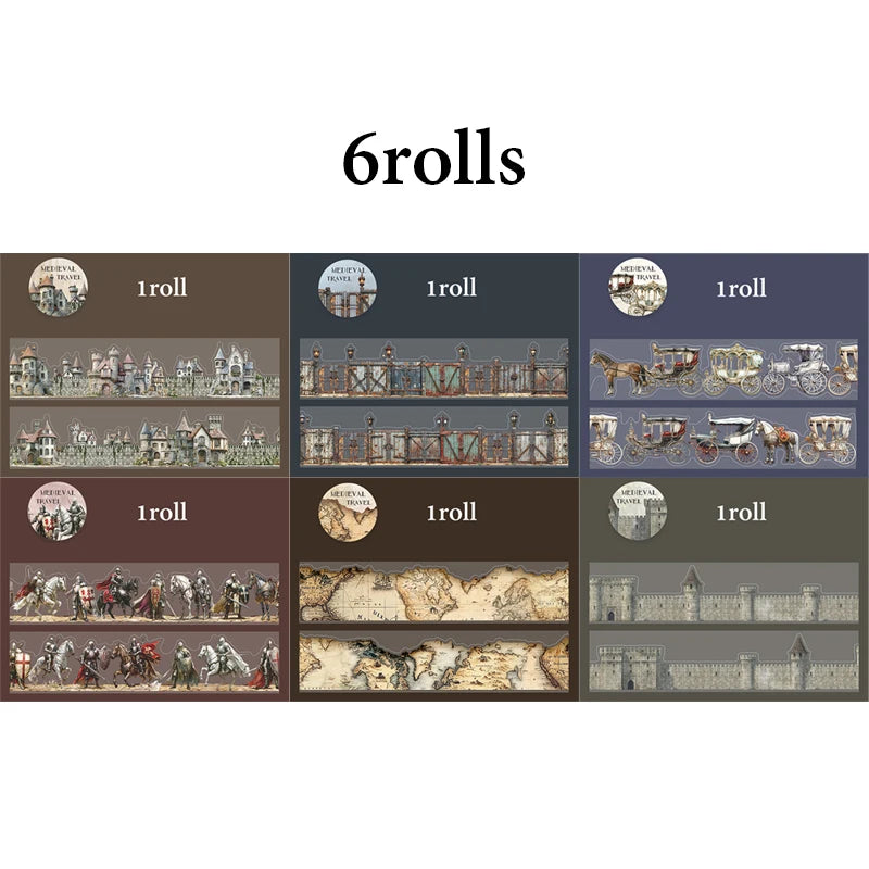 6 Rolls Medieval Theme Washi Tape, Historical Story Series Journal Scrapbooking Tape, Versatile Multi-Scene Decor Qme 6 Rolls