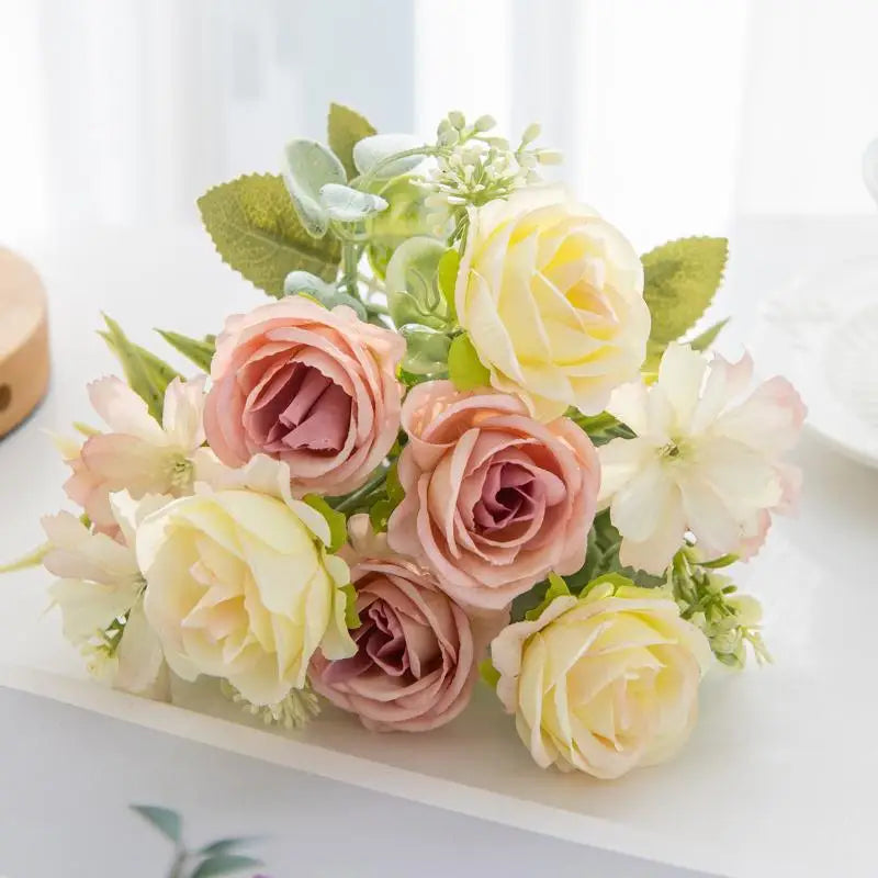 Artificial 1PC Flowers Wedding Home Bedroom Decoration Bridal Bouquet Garden Fake Silk Roses Hydrangeas Vase For Board Outdoors Qme style 6