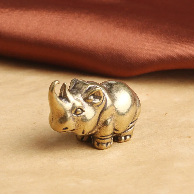 Antique Solid Brass Rhinoceros Figurine Desktop Decor Ornaments Tea Qme