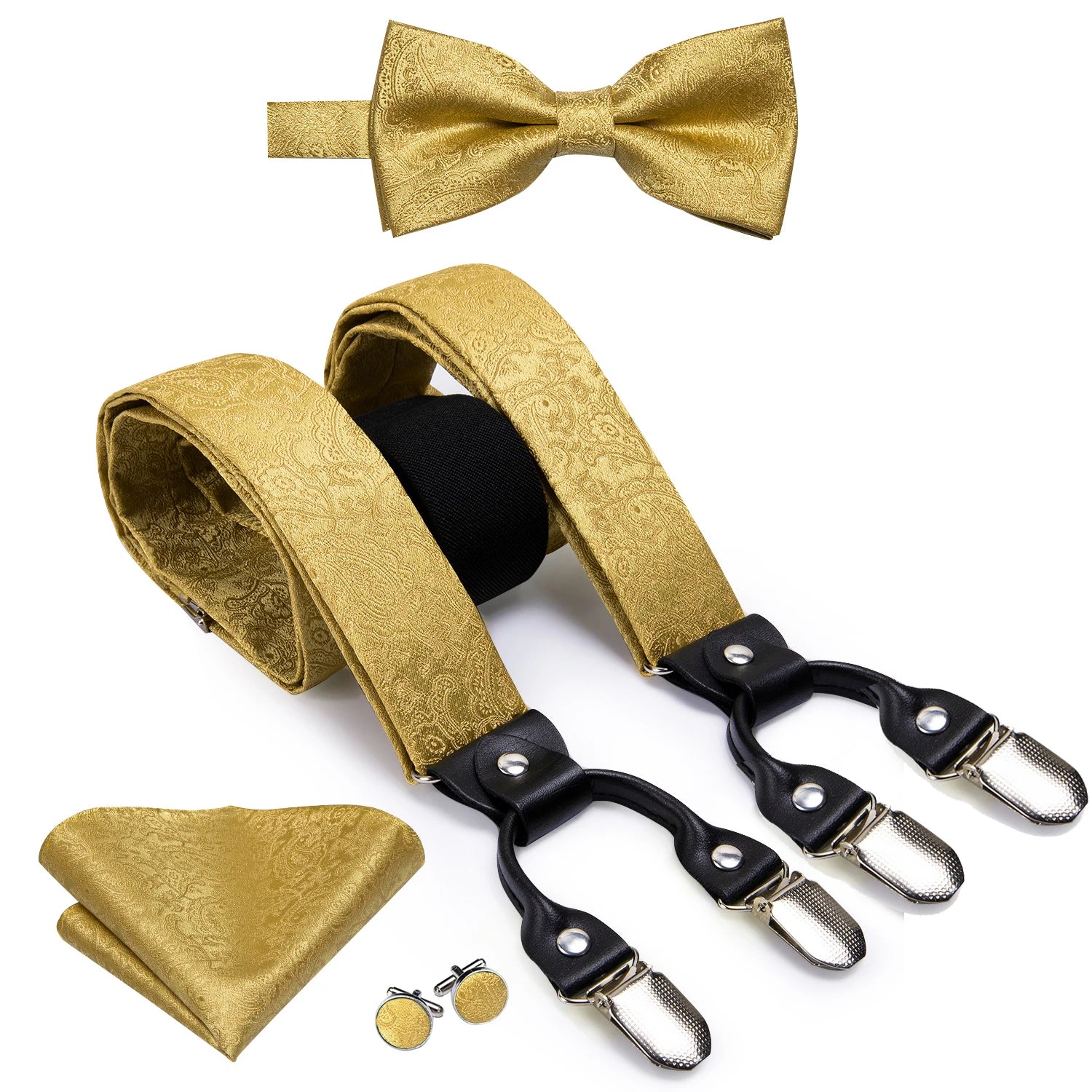 Hi-Tie Silk Men's Suspender Metal 6 Clips on Braces Bow Tie Hankerchief Cufflinks Male Wedding Party Business Vintage Adjustable Qme BD-3042