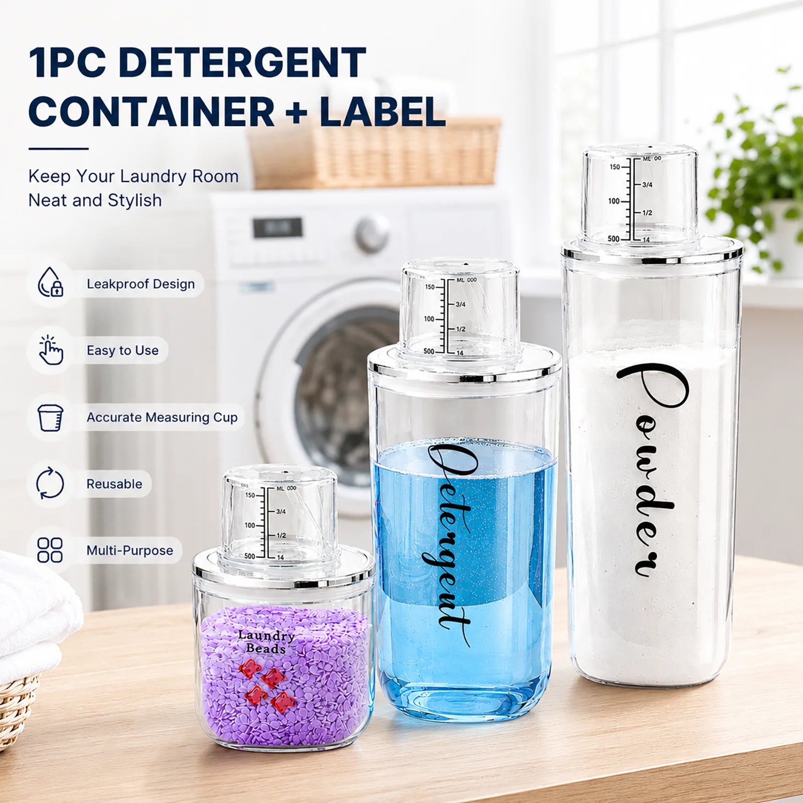 Clear Laundry Detergent Dispenser Container with Measuring Cup Lid, Cylindrical Airtight Canister for Laundry Powder Liquid Soap Qme