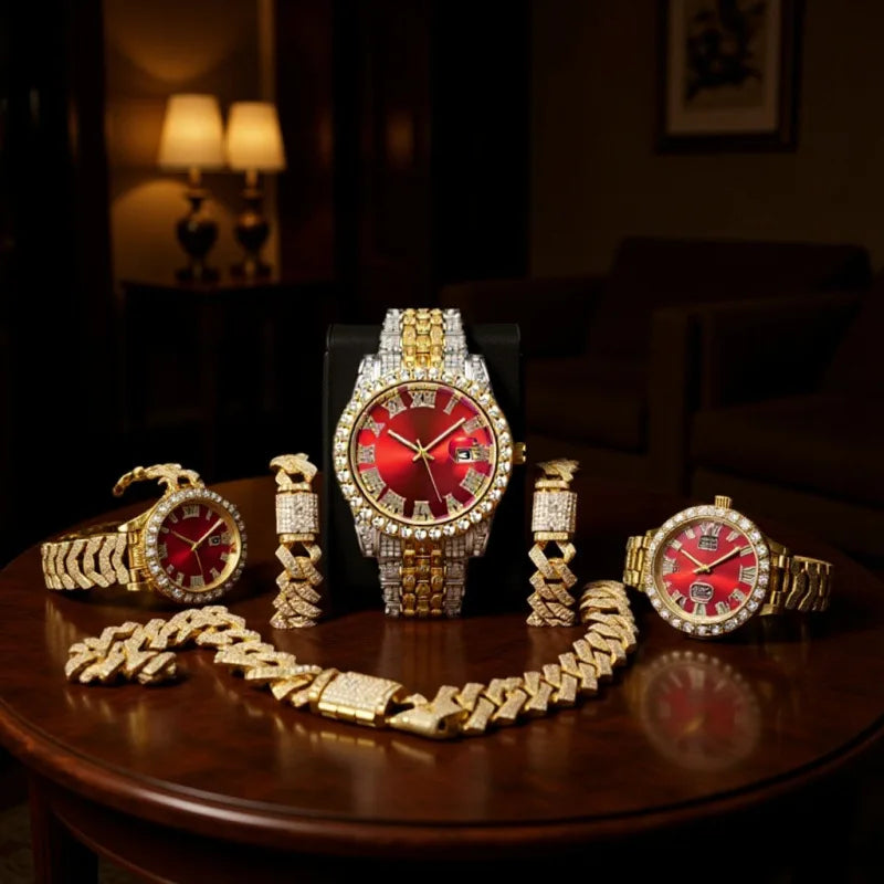 Hip hop watch+bracelet, strap, necklace set, diamond studded hip hop watch set, WATCH large dial Qme