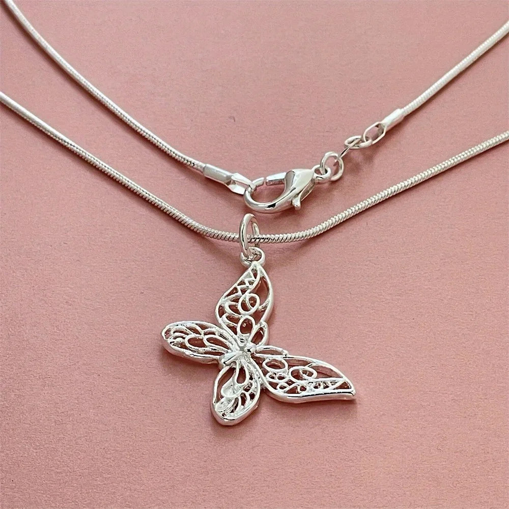 Fashion kpop 925 Sterling Silver Butterfly Necklace 18/20/22/24/28/30 inch Snake Chain For Women Wedding Engagement Jewelry Qme