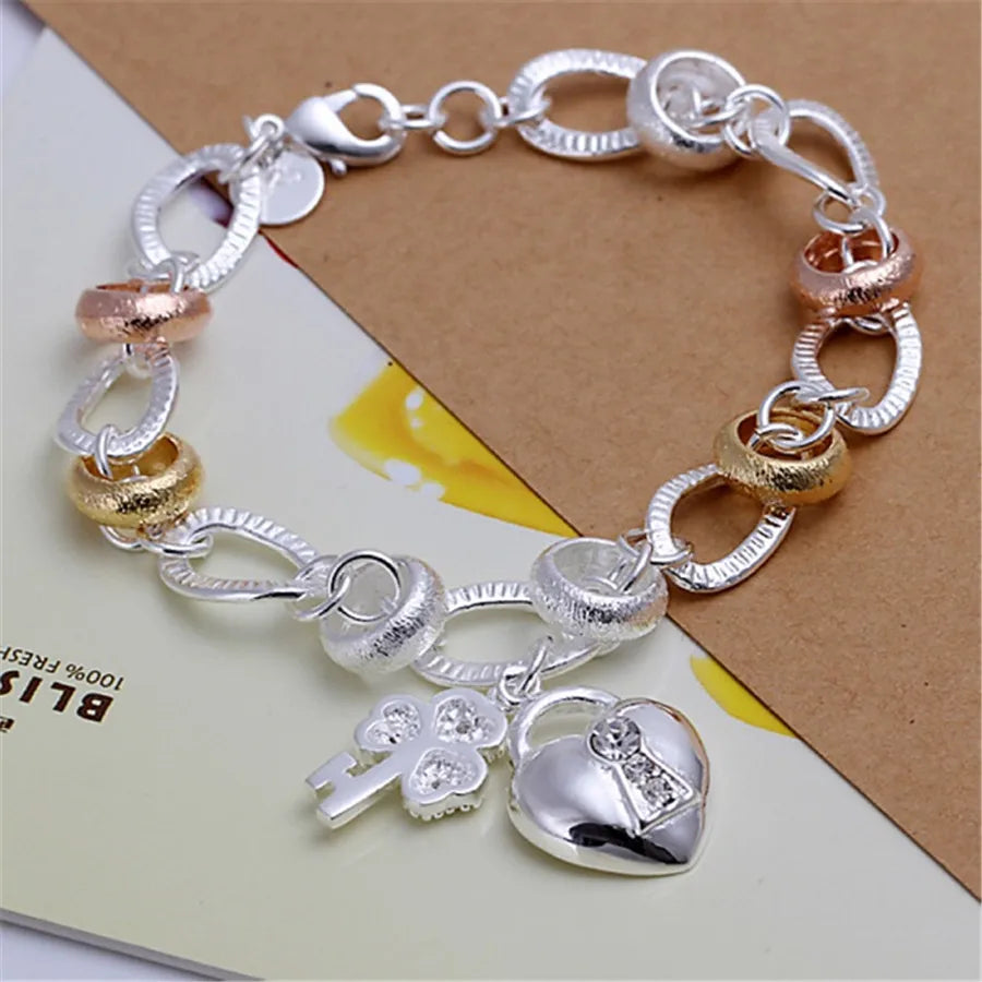 925 Sterling Silver 8-inch Heart-Shaped Clover Flower Bracelet, a Fashion Jewelry Gift for Women's Weddings Qme Silver 20cm