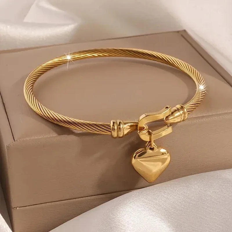 18k Gold Color Stainless Steel Heart Pendant Charm Bangle Bracelets for Men Women Qme Default Title