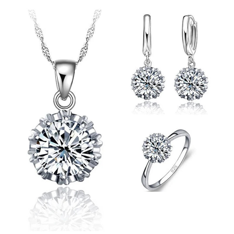925 Sterling Silver Color Wedding Jewelry Sets for Women Big Stone CZ Cubic Zirconia Necklace/ Earring/ Ring Set Size 5-10 Qme 7