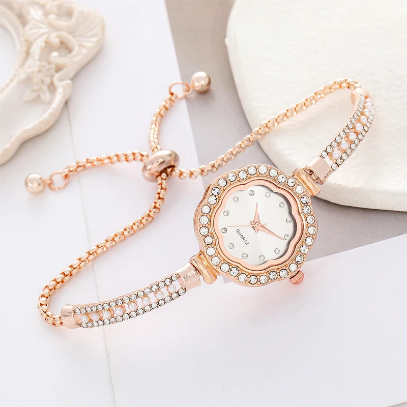 1pcs Floral Colorful Dial Fashion Small Light Luxury Pearl Strap Women's Watch Features Pulling Bracelet Qme Ivory