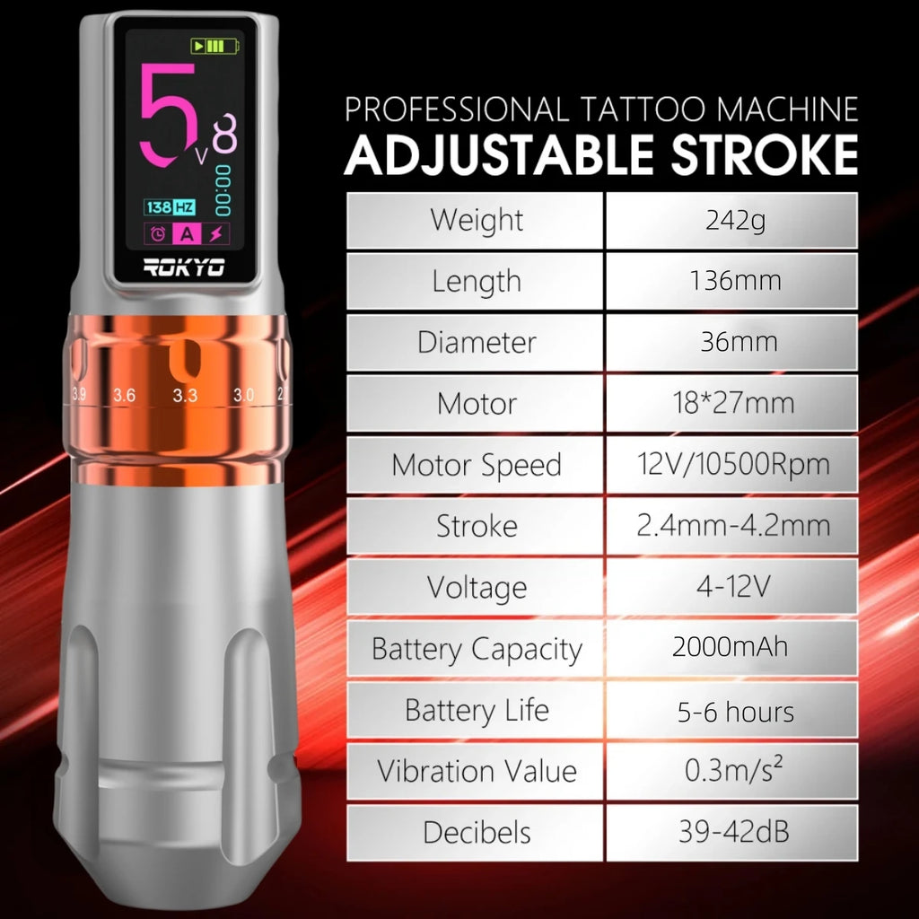 Adjustable Stroke Wireless Tattoo Pen Machine Gun 2.4-4.2mm Rechargeable Battery 2000mAh For Profession PMU Tattoo Supplies Qme
