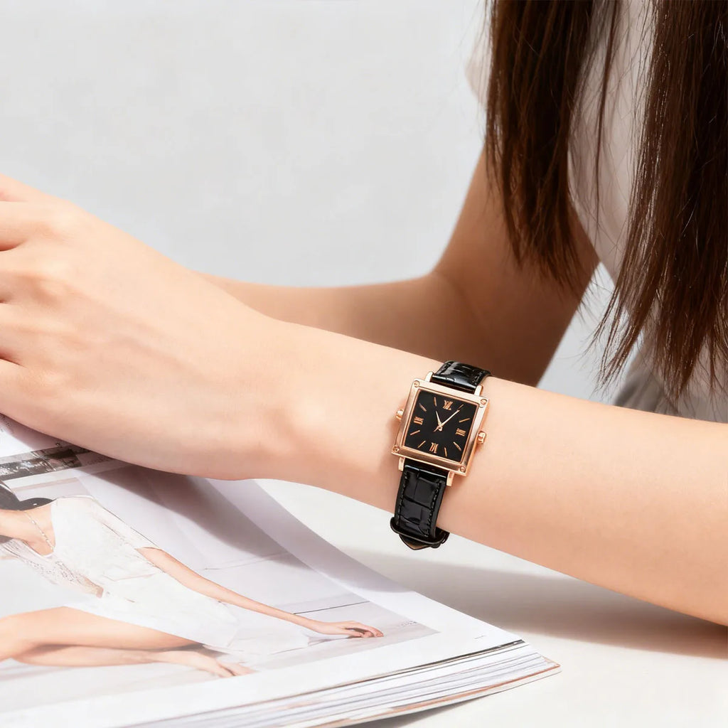 1pc-Fashionable and Minimalist Women's Square Belt Quartz Watch, Retro High-end Roman Watch Qme