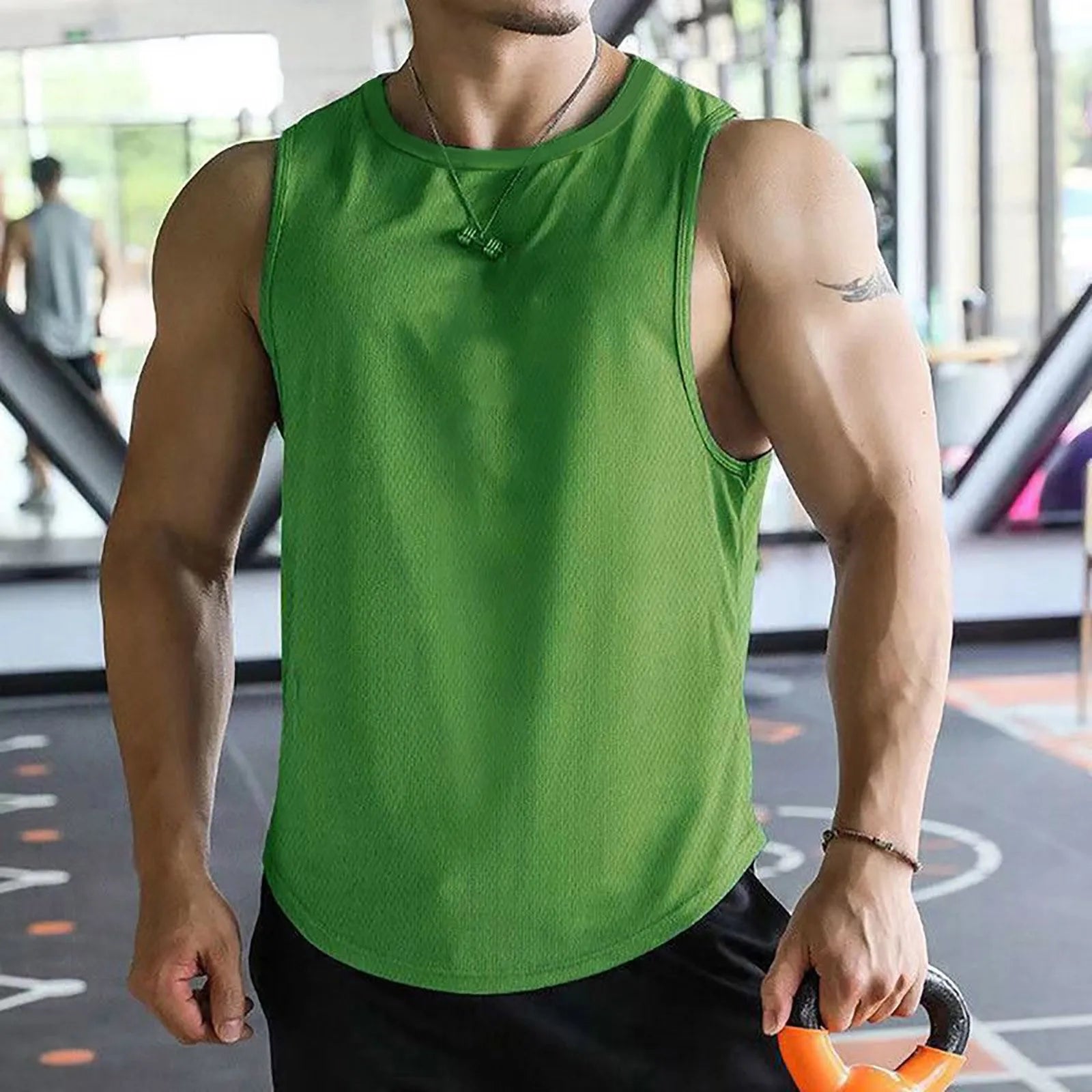 2026 Men’s Summer Solid Color Tight Vest Lightweight Breathable Quick-Dry Gym Muscle Fitness Bodybuilding Sleeveless T-Shirt Qme Green XXXL