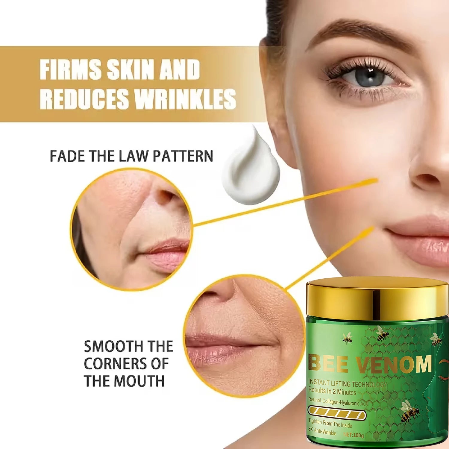 Bee Venom Instant Lifting Cream - 3X Anti-Wrinkle & Tightening Results in 2 Minutes with Retinol & Collagen. Qme