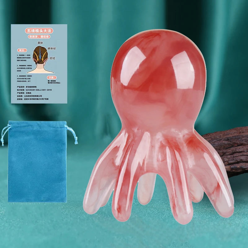Resin Octopus Massage Comb Head Meridian Scraping Scalp Brush Qme Pink 2