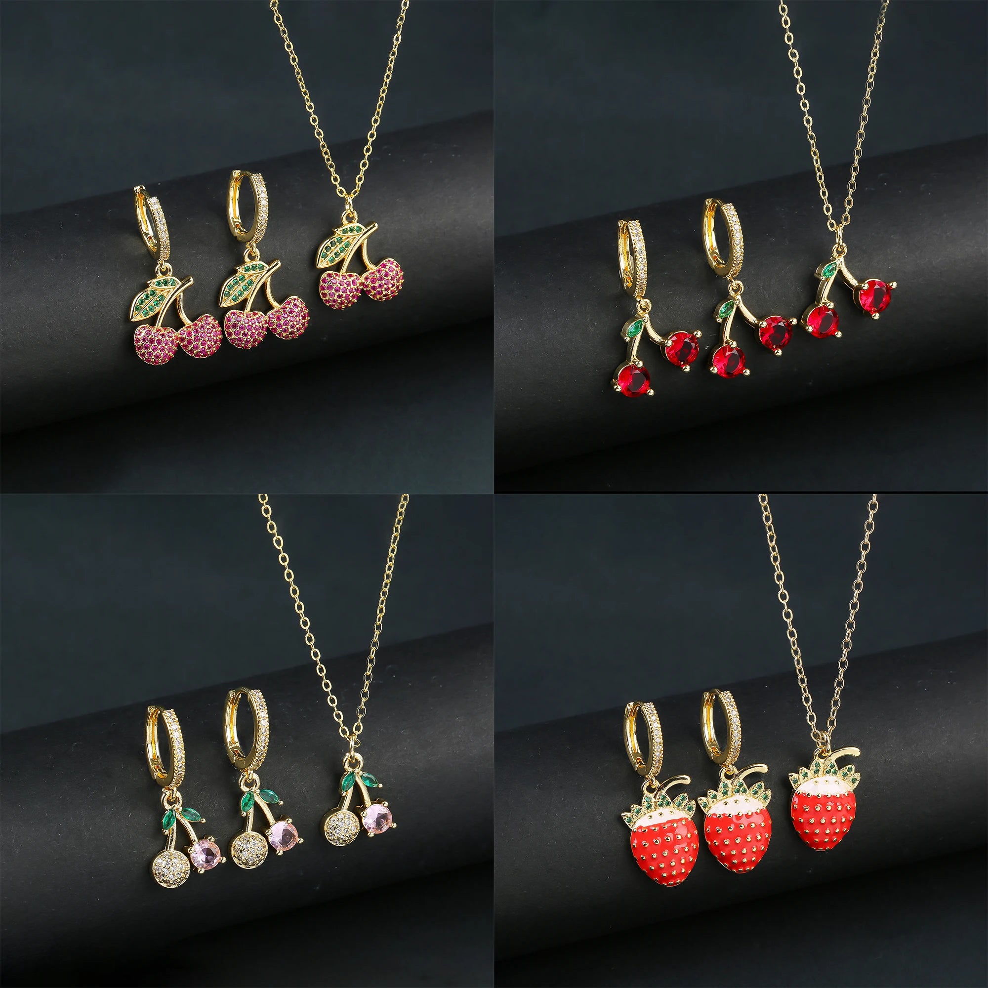 2pcs Hot Sale Fruit Cherry Strawberry Crystal Earrings Necklace Jewelry Set Lucky for Woman Shiny Zircon Party Gift Accessories Qme
