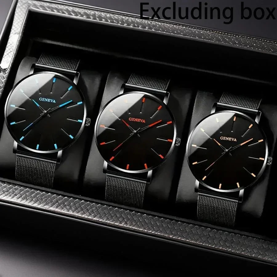 Professional 3-Piece Minimalist Alloy Mesh Quartz Watch Set for Men (No Box) Qme Multicolor