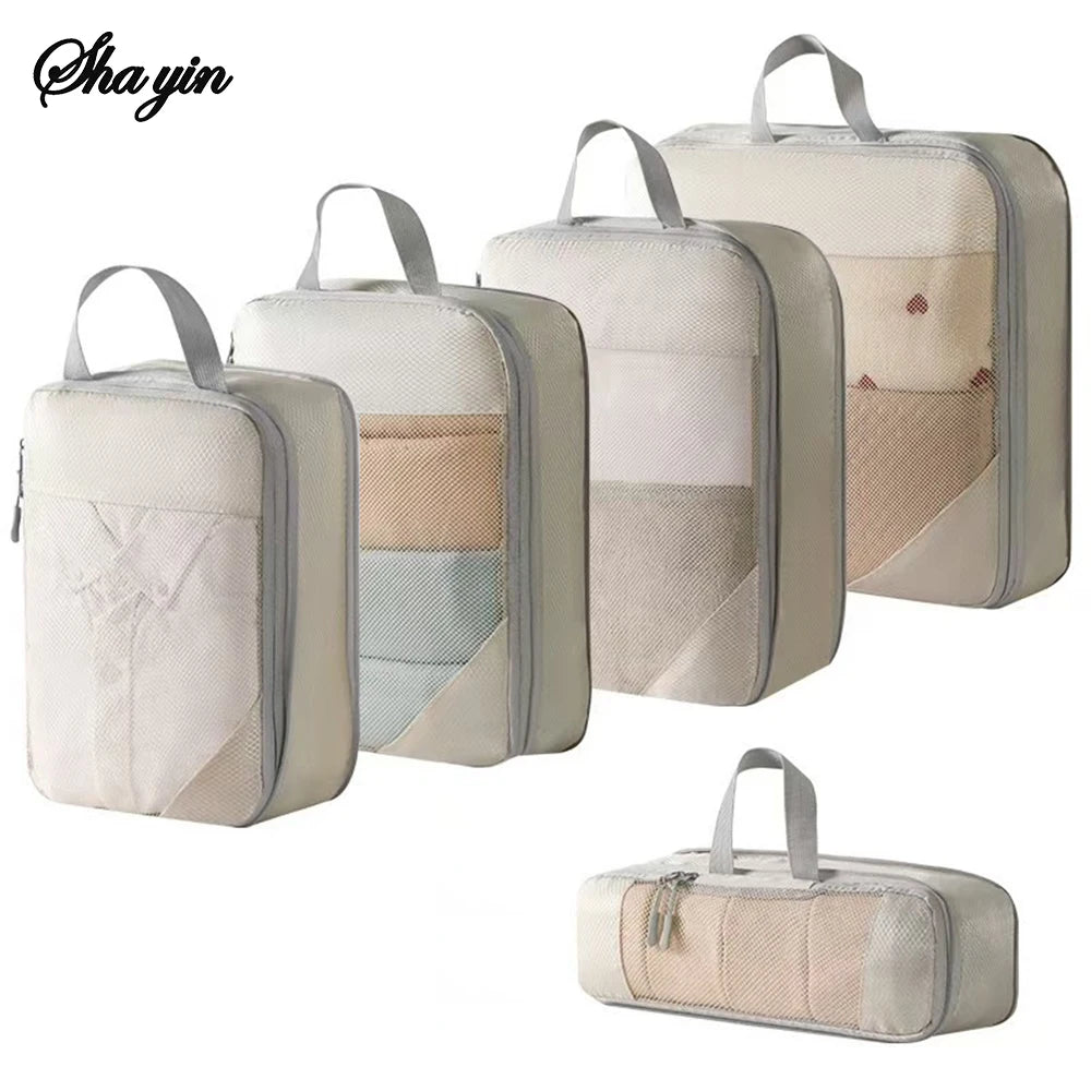 Packaging Clothes Compressed 5 Piece Set For Changing Laundry, Toiletries, Cosmetics Luggage Travel Storage Organizer Bag Qme 5PCS Beige L