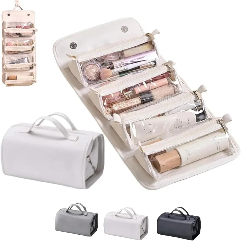 4-in-1 Detachable Leather Cosmetic Bag Waterproof Clear Compartments Qme